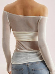 Vibemartini Semi-Sheer Off-Shoulder Mesh Long Sleeve Shirt