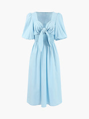 Vibemartini Linen Cotton Front Tie Midi Dress