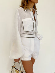 Vibemartini Cotton & Linen Contrast Trim Two Piece Shorts Set