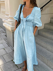 Vibemartini Linen Cotton Front Tie Midi Dress