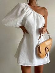 Vibemartini Aegean Cotton Linen One Sleeve Short Dress
