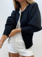 Vibemartini Pearl Trim Ripped Hem Cardigan