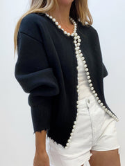Vibemartini Pearl Trim Ripped Hem Cardigan