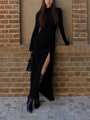 Vibemartini Slit Pleated Long Sleeve Bodycon Mock Neck Long Dress