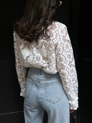 Vibemartini Semi-Sheer Lace Embroidery Floral Mock Neck T-Shirt