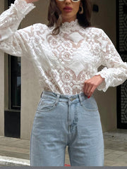 Vibemartini Semi-Sheer Lace Embroidery Floral Mock Neck T-Shirt