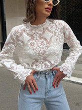 Vibemartini Semi-Sheer Lace Embroidery Floral Mock Neck T-Shirt