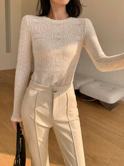 Vibemartini Floral Hollow Knit Crew Neck Long Sleeve Top