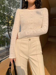 Vibemartini Floral Hollow Knit Crew Neck Long Sleeve Top
