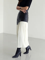 Vibemartini Asymmetric Patchwork Faux Leather Chiffon Pleated Maxi Skirt