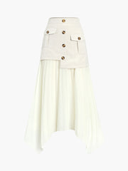 Vibemartini Patchwork Asymmetrical Pleated Buttoned Midi Skirt