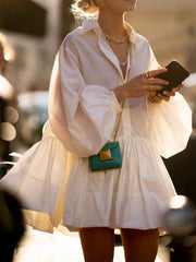 Vibemartini Pleated Long Sleeve Button Up Collar Mini Dress