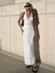 Vibemartini Solid V-Neck Backless Tie Up Halter & Split Maxi Skirt Set