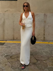 Vibemartini Solid V-Neck Backless Tie Up Halter & Split Maxi Skirt Set