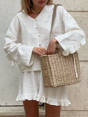 Vibemartini Pure Cotton Ruffle Decor Shorts Set