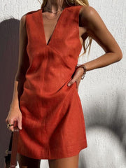 Vibemartini Cotton & Linen V-Neck Short Dress