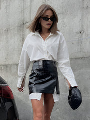 Vibemartini Casual Solid Shirt With Faux Leather Mini Skirt Set