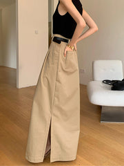 Vibemartini Oversized Cotton Split Maxi Skirt Without Belt