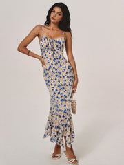 Vibemartini Floral Print Knotted Irregular Hem Long Dress
