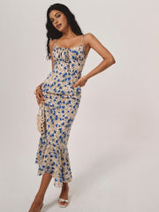 Vibemartini Floral Print Knotted Irregular Hem Long Dress