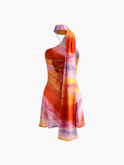 Vibemartini Semi-Sheer Halter Backless Tie Dye Short Dress
