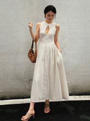 Vibemartini Cotton & Linen Pleated Cutout Long Dress