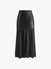 Vibemartini Asymmetric Patchwork Faux Leather Chiffon Pleated Maxi Skirt