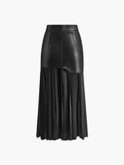 Vibemartini Asymmetric Patchwork Faux Leather Chiffon Pleated Maxi Skirt