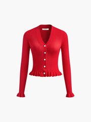 Vibemartini Ruffled Trim Button-Front Long Sleeve Cardigan
