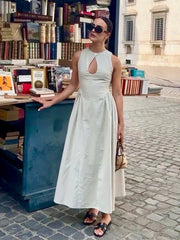 Vibemartini Cotton & Linen Pleated Cutout Long Dress