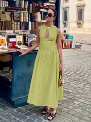Vibemartini Cotton & Linen Pleated Cutout Long Dress