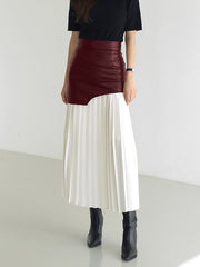 Vibemartini Asymmetric Patchwork Faux Leather Chiffon Pleated Maxi Skirt