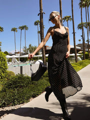 Vibemartini Chiffon Sheer Polka Dot Print Backless Long Dress