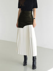 Vibemartini Asymmetric Patchwork Faux Leather Chiffon Pleated Maxi Skirt