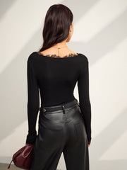 Vibemartini V-Neck Lace Trim Skinny T-Shirt