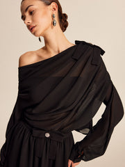 Vibemartini Semi-Sheer Chiffon One-Shoulder Bow Detail Skirt Set