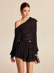Vibemartini Semi-Sheer Chiffon One-Shoulder Bow Detail Skirt Set