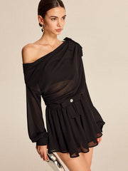 Vibemartini Semi-Sheer Chiffon One-Shoulder Bow Detail Skirt Set