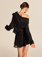 Vibemartini Semi-Sheer Chiffon One-Shoulder Bow Detail Skirt Set
