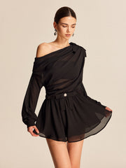 Vibemartini Semi-Sheer Chiffon One-Shoulder Bow Detail Skirt Set