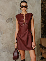 Vibemartini PU Leather Metal Buckle Sleeveless Mini Dress