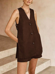 Vibemartini V-neck Sleeveless Vest with High-waisted Shorts Set
