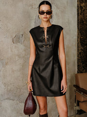 Vibemartini PU Leather Metal Buckle Sleeveless Mini Dress