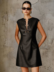Vibemartini PU Leather Metal Buckle Sleeveless Mini Dress