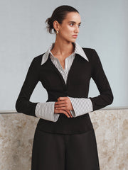Vibemartini Mock Two-Piece Long-Sleeve Two Tone Polo Top
