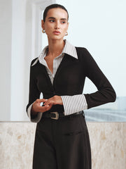 Vibemartini Mock Two-Piece Long-Sleeve Two Tone Polo Top