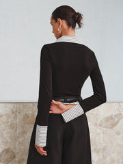Vibemartini Mock Two-Piece Long-Sleeve Two Tone Polo Top