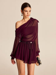 Vibemartini Semi-Sheer Chiffon One-Shoulder Bow Detail Skirt Set