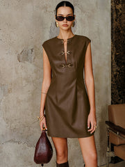 Vibemartini PU Leather Metal Buckle Sleeveless Mini Dress
