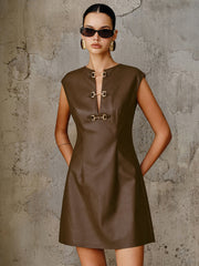 Vibemartini PU Leather Metal Buckle Sleeveless Mini Dress